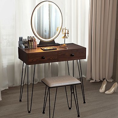 Walnut Industrial Vanity Table With 3 Lighting Modes