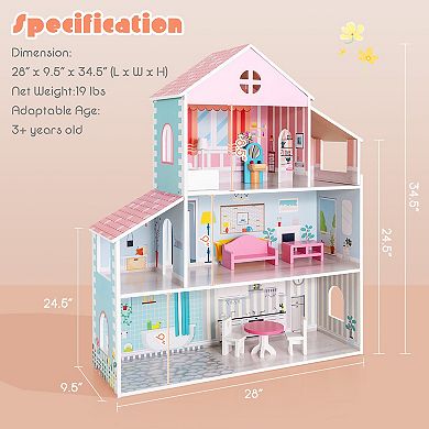 3-tier Toddler Doll House With Furniture Gift For Age Over 3