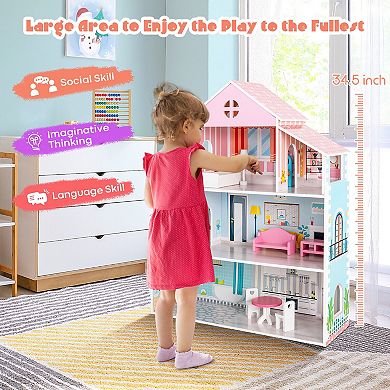 3-tier Toddler Doll House With Furniture Gift For Age Over 3