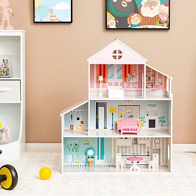 3-tier Toddler Doll House With Furniture Gift For Age Over 3