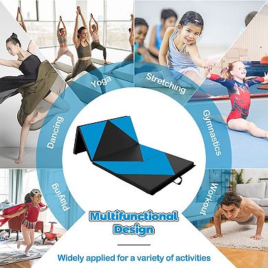 8 Feet Pu Leather Folding Gymnastics Mat With Hook And Loop Fasteners-blue