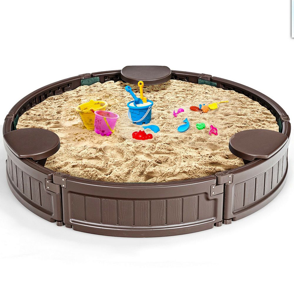 Kids Sandbox with Built in Corner Seats and Cover, HDPE Outdoor Sand Box