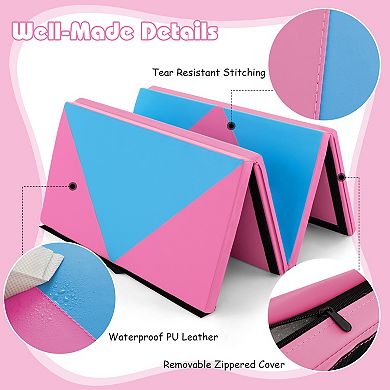 8 Feet Pu Leather Folding Gymnastics Mat With Hook And Loop Fasteners-pink & Blue