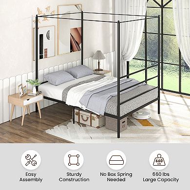 Full Size Metal Canopy Bed Frame With Slat Support