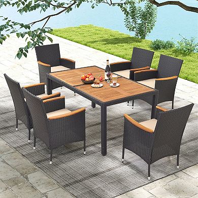 Patio Dining Set for 6 with Acacia Wood Table and Umbrella Hole