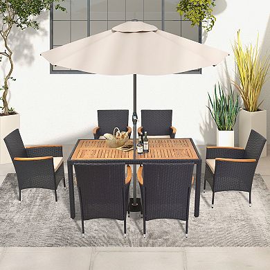 Patio Dining Set for 6 with Acacia Wood Table and Umbrella Hole