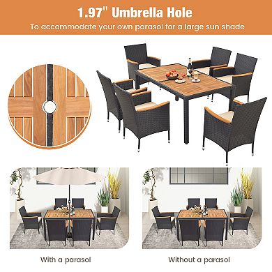 Patio Dining Set for 6 with Acacia Wood Table and Umbrella Hole