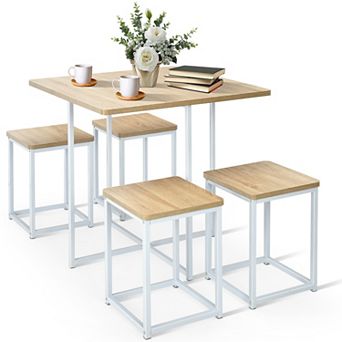 5 pc Compact Dining Set With Metal Frame And 4 Stools-natural