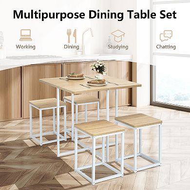 5-piece Compact Dining Set With Metal Frame And 4 Stools-natural