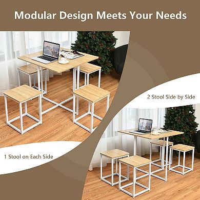 5-piece Compact Dining Set With Metal Frame And 4 Stools-natural