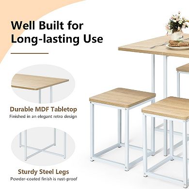 5-piece Compact Dining Set With Metal Frame And 4 Stools-natural