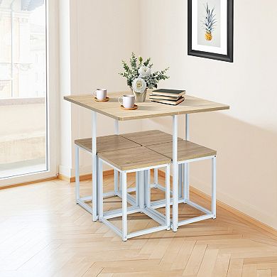 5-piece Compact Dining Set With Metal Frame And 4 Stools-natural
