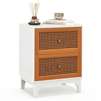 Boho Accent Nightstand With Handwoven Rattan Drawers-white