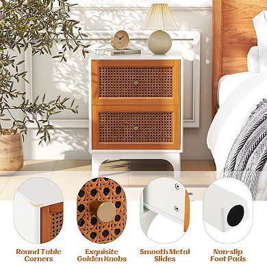 Boho Accent Nightstand With Handwoven Rattan Drawers-white