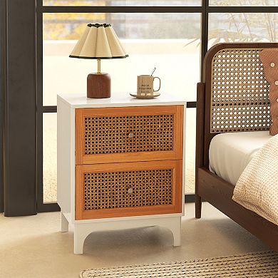 Boho Accent Nightstand With Handwoven Rattan Drawers-white