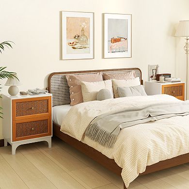 Boho Accent Nightstand With Handwoven Rattan Drawers-white