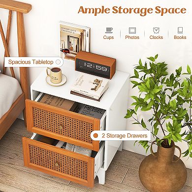 Boho Accent Nightstand With Handwoven Rattan Drawers-white