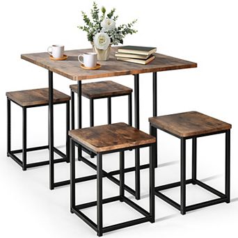 5 pc Compact Dining Set With Metal Frame And 4 Stools-walnut