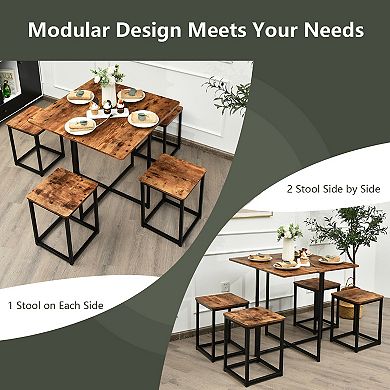 5-piece Compact Dining Set With Metal Frame And 4 Stools-walnut