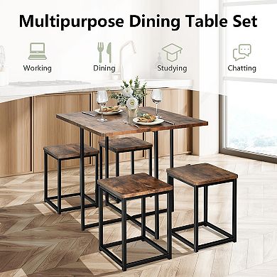 5-piece Compact Dining Set With Metal Frame And 4 Stools-walnut