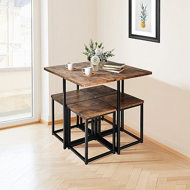 5-piece Compact Dining Set With Metal Frame And 4 Stools-walnut