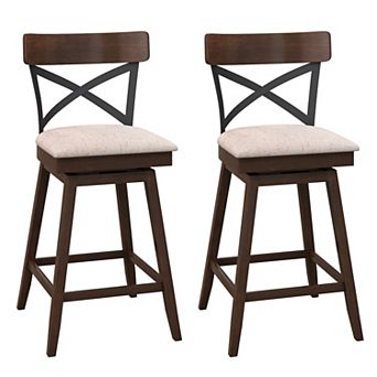 Set Of 2 25" Wooden Swivel Bar Stools With Cushioned Seat And Open X-back