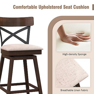 Set Of 2 25" Wooden Swivel Bar Stools With Cushioned Seat And Open X-back