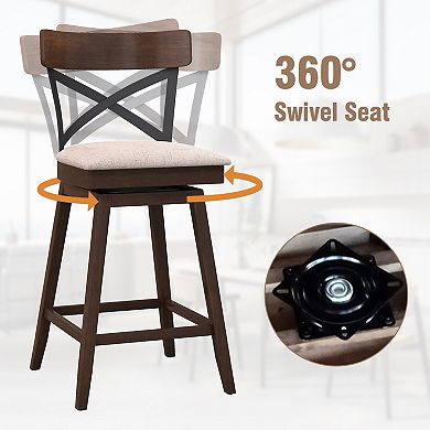 Set Of 2 25" Wooden Swivel Bar Stools With Cushioned Seat And Open X-back