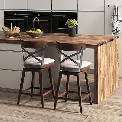 Set Of 2 25" Wooden Swivel Bar Stools With Cushioned Seat And Open X-back