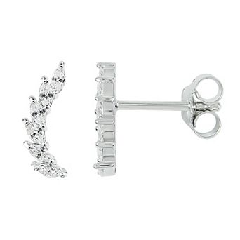 SIRI Sterling Silver Rhodium-Plated Curved Stud Earrings with Marquise White Cubic Zirconia