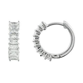 SIRI Sterling Silver Rhodium-Plated Huggie Hoop Earrings with Baguette White Cubic Zirconia