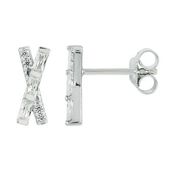SIRI Sterling Silver Rhodium-Plated X-Design Stud Earrings with White Cubic Zirconia Baguettes