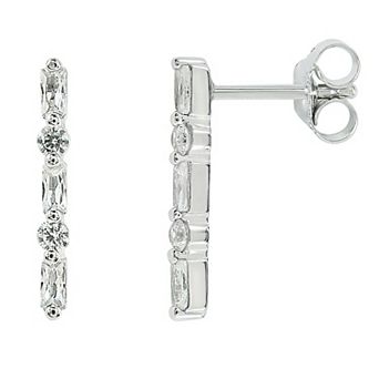 SIRI Sterling Silver Rhodium-Plated Linear Stud Earrings with Alternating Baguette and Round White Cubic Zirconia