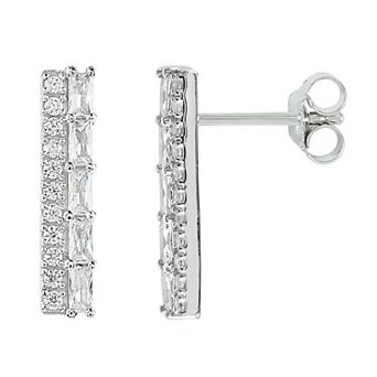SIRI Sterling Silver Rhodium-Plated Double Row Bar Earrings with Baguette and Round White Cubic Zirconia