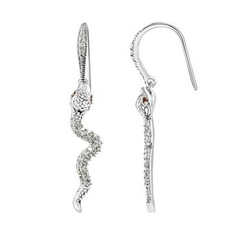 SIRI Sterling Silver Rhodium Plated White Cubic Zirconia & Garnet Cubic Zirconia On Eyes Serpent Dangle Earwire Earrings