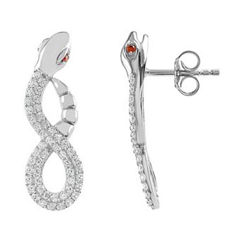 SIRI Sterling Silver Rhodium Plated White Cubic Zirconia & Garnet Cubic Zirconia On Eyes Serpent Dangle Post Earrings