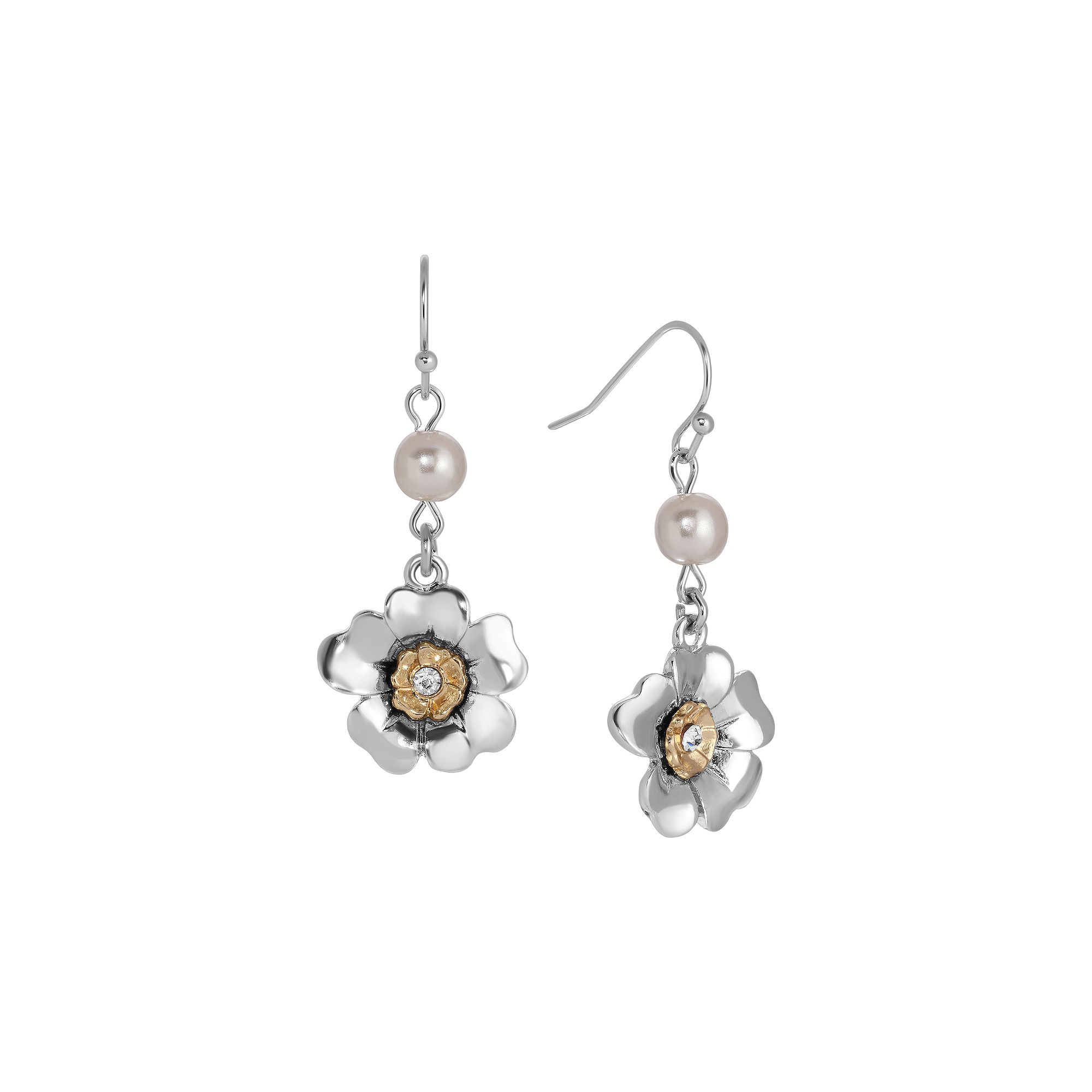 1928 Two-Tone Simulated Pearl Crystal Flower Wire Earrings, Womens, Gray