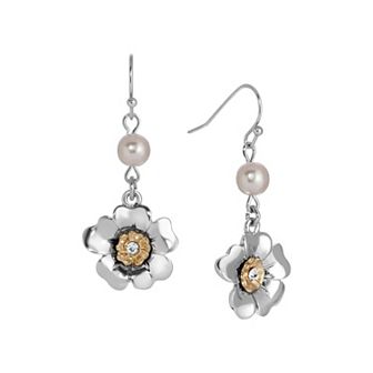 1928 Two-Tone Simulated Pearl Crystal Flower Wire Earrings