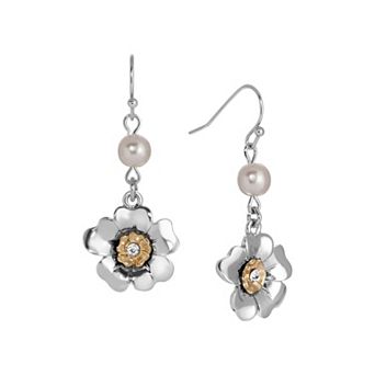 1928 Two-Tone Simulated Pearl Crystal Flower Wire Earrings