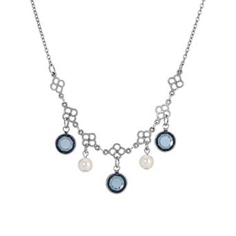 1928 Silver Tone Crystal & Simulated Pearl Necklace