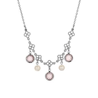 1928 Silver Tone Crystal & Simulated Pearl Necklace