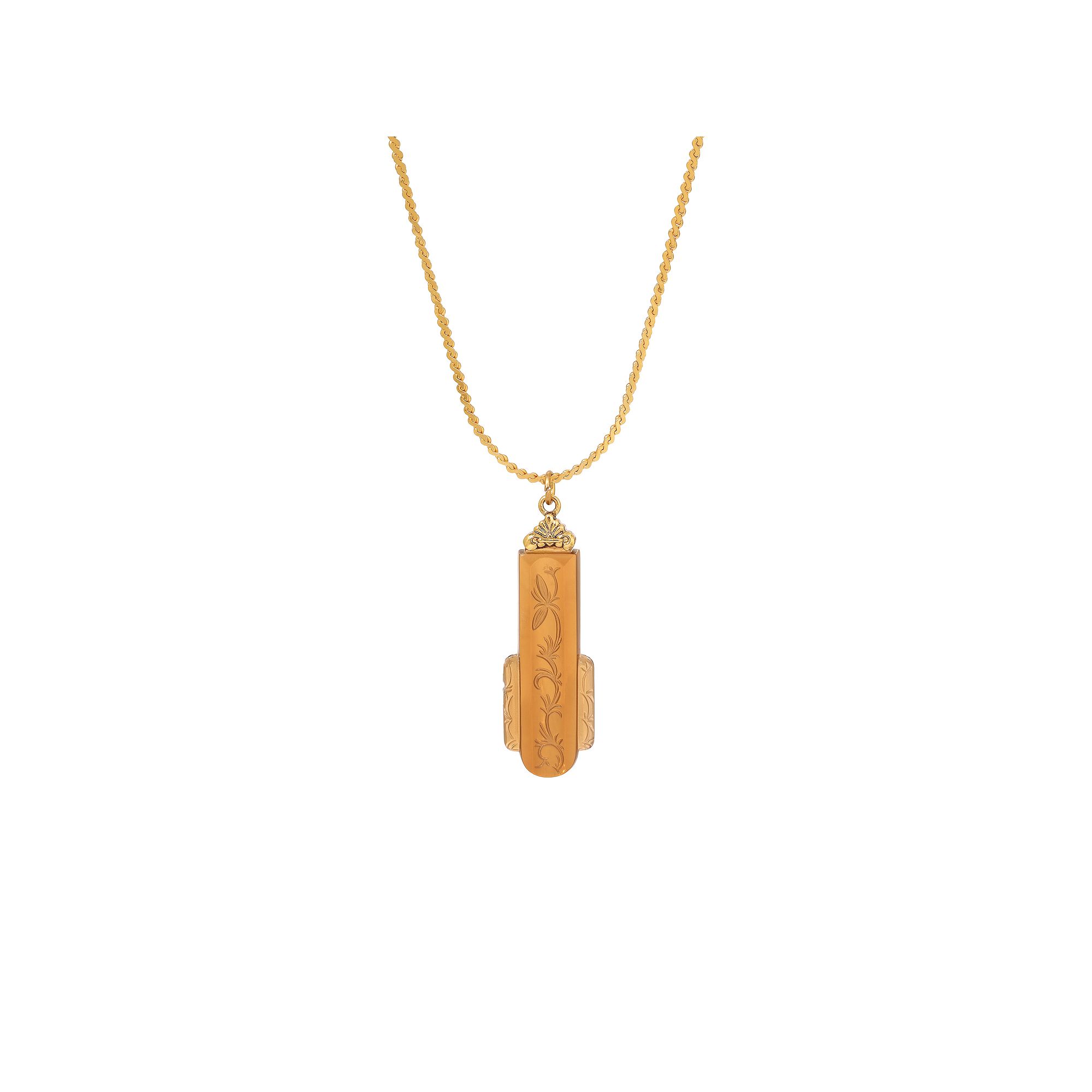 1928 14k Gold Dipped Art Deco Etched Glass Adjustable Necklace, Womens, Br