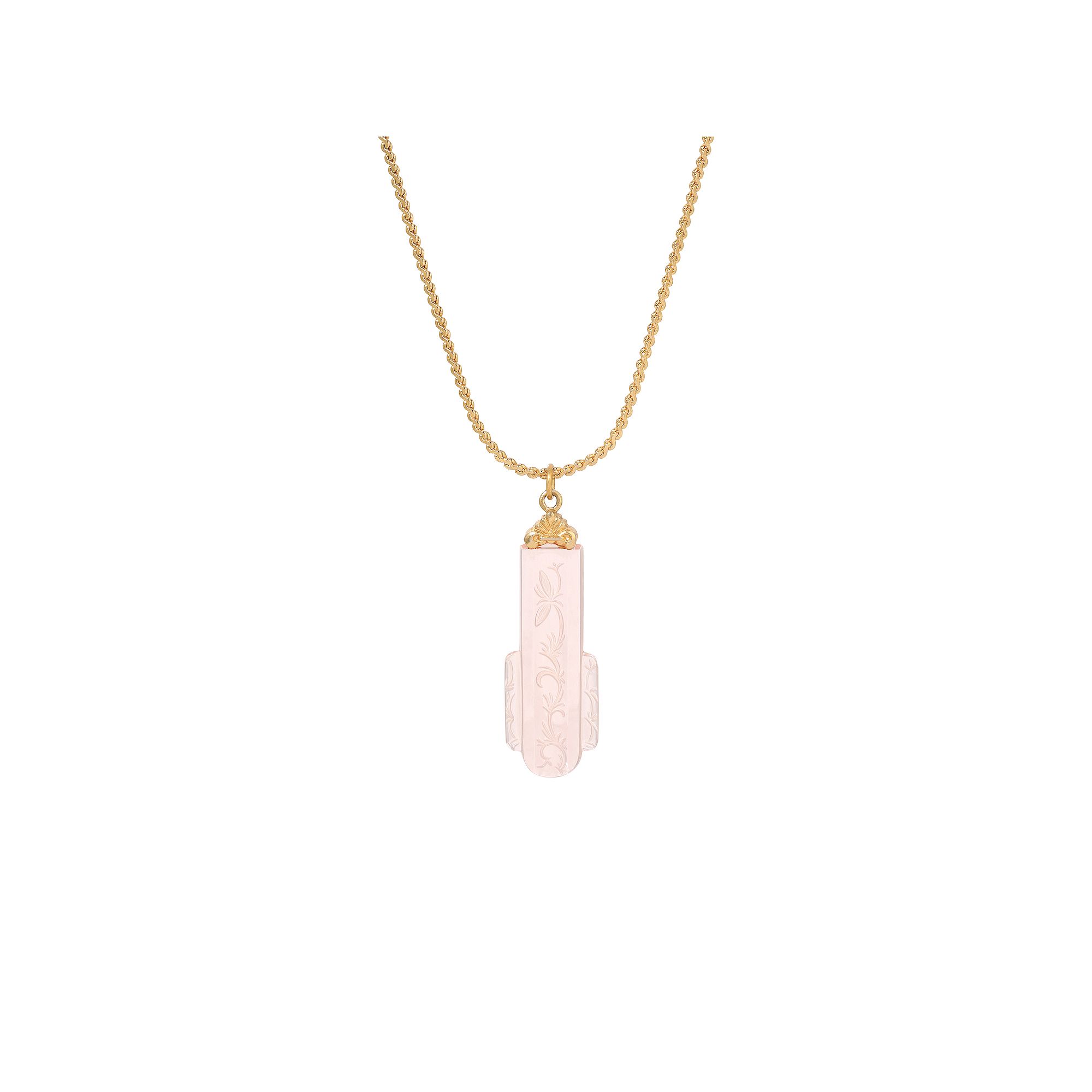 1928 14k Gold Dipped Art Deco Etched Glass Adjustable Necklace, Womens, Pi