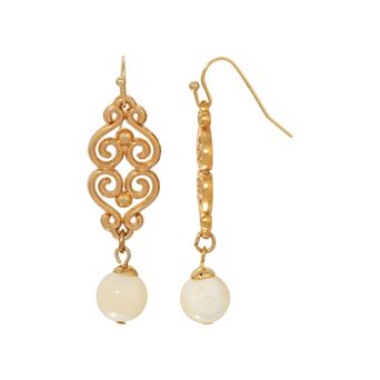 1928 Gold-Tone Filigree Mother of Pearl Bead Drop Earrings