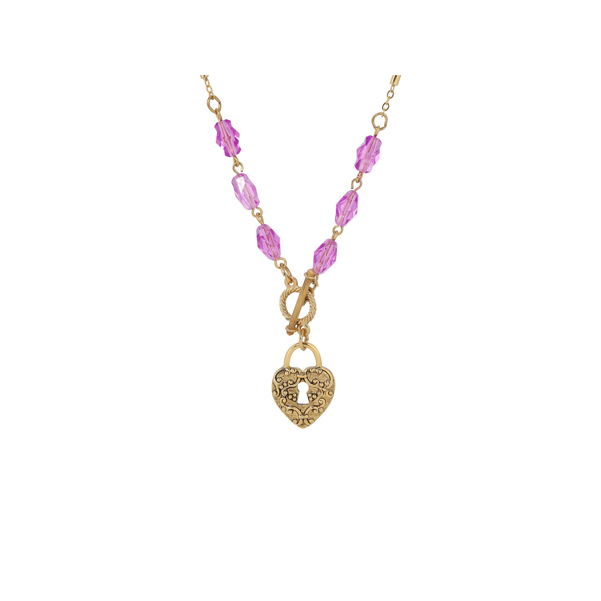 1928 Gold-Tone Filigree Heart Purple Bead Necklace, Womens