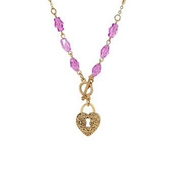 1928 Gold-Tone Filigree Heart Purple Bead Necklace
