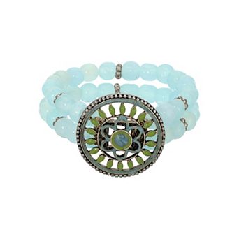 1928 Gold Tone Blue Green Enamel Round Aqua Bead Stretch Bracelet