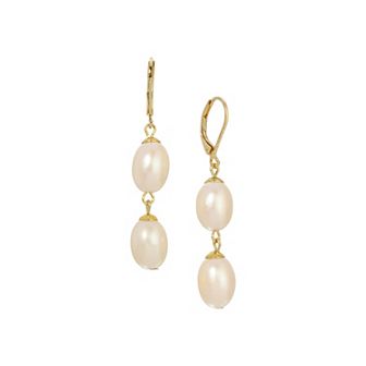 1928 Gold-Tone Double Simulated Pearl Drop Leverback Earrings