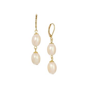 1928 Gold-Tone Double Simulated Pearl Drop Leverback Earrings