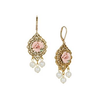 1928 Gold-Tone Porcelain Pink Rose Simulated Pearl Leverback Earrings
